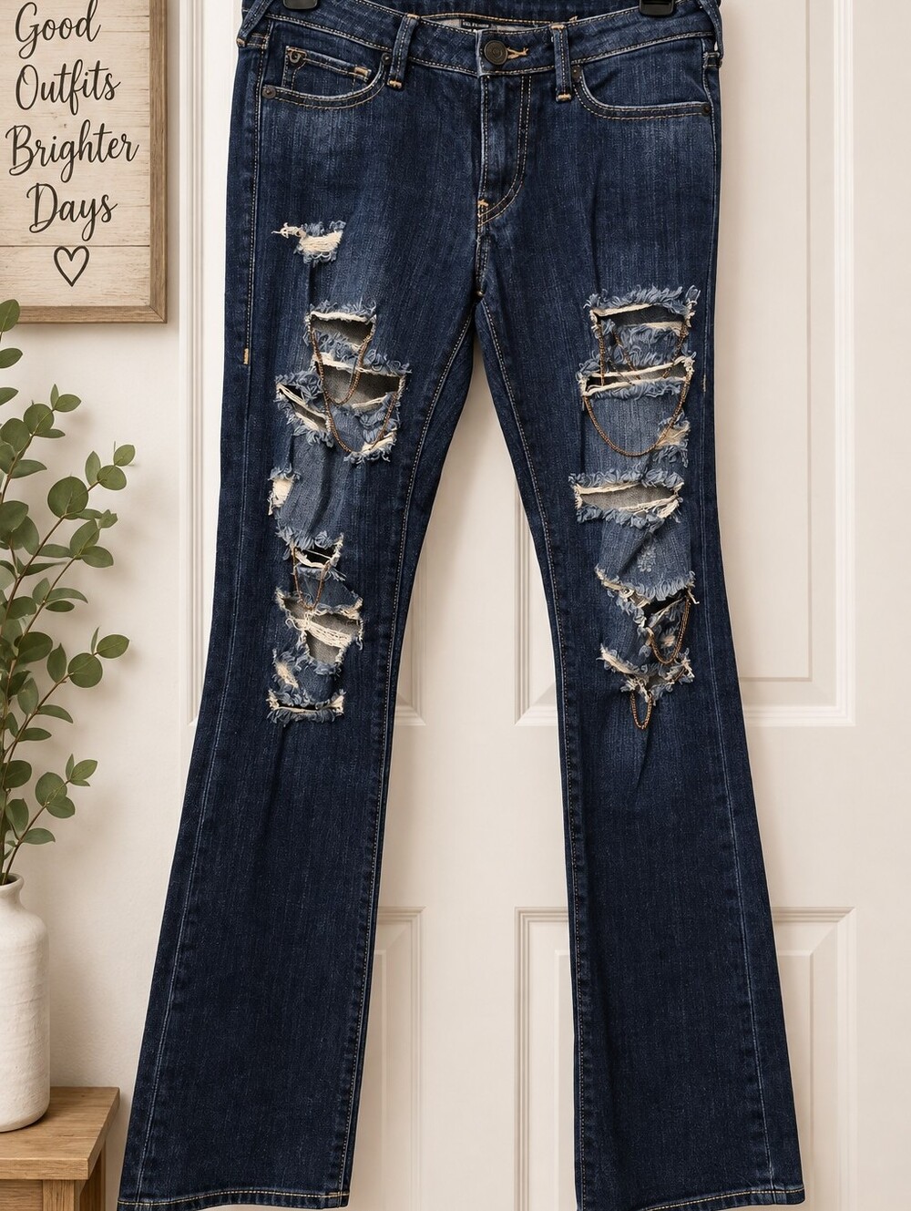 True Religion Dark Blue Distressed Flare Jeans